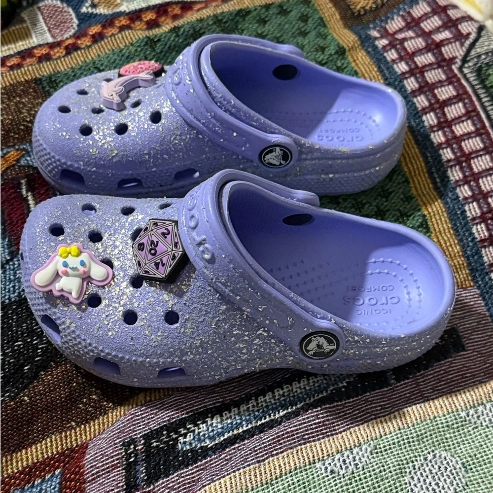 CROCS Kids Purple Glitter Slippers with Charms